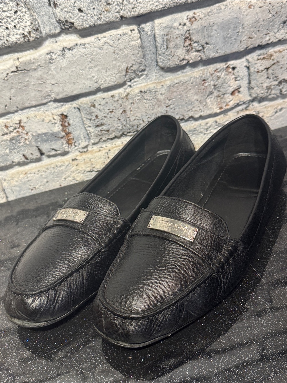Retired Coach Fredrica Black Pebbled Leather Slip-On Loafers with Logo Plaque